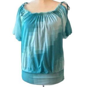 Express Aqua Cold Shoulder Tie Geometric Blouse